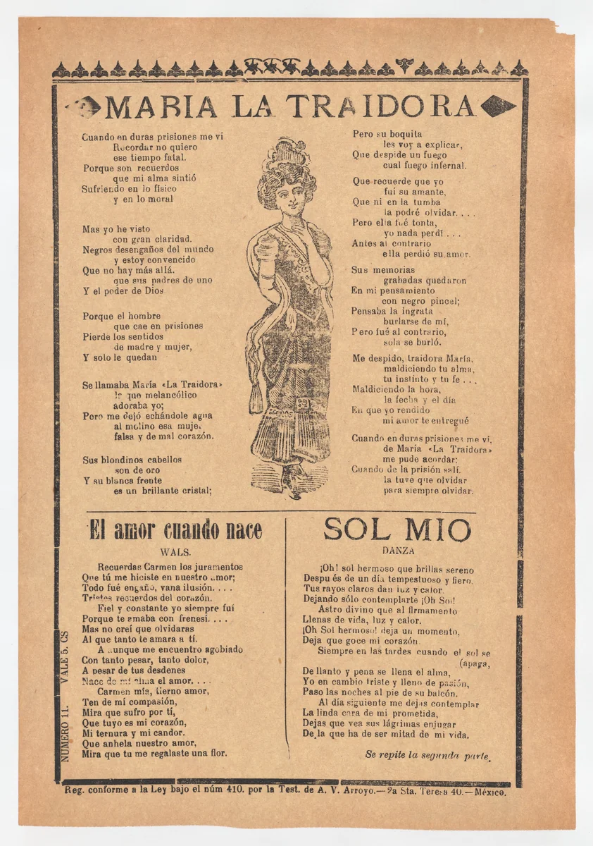Broadsheet with three ballads about love, a woman wearing a dress and hat placing one hand to her chest and the other behind her back by José Guadalupe Posada, print, 1915-1925