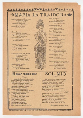Broadsheet with three ballads about love, a woman wearing a dress and hat placing one hand to her chest and the other behind her back by José Guadalupe Posada, print, 1915-1925