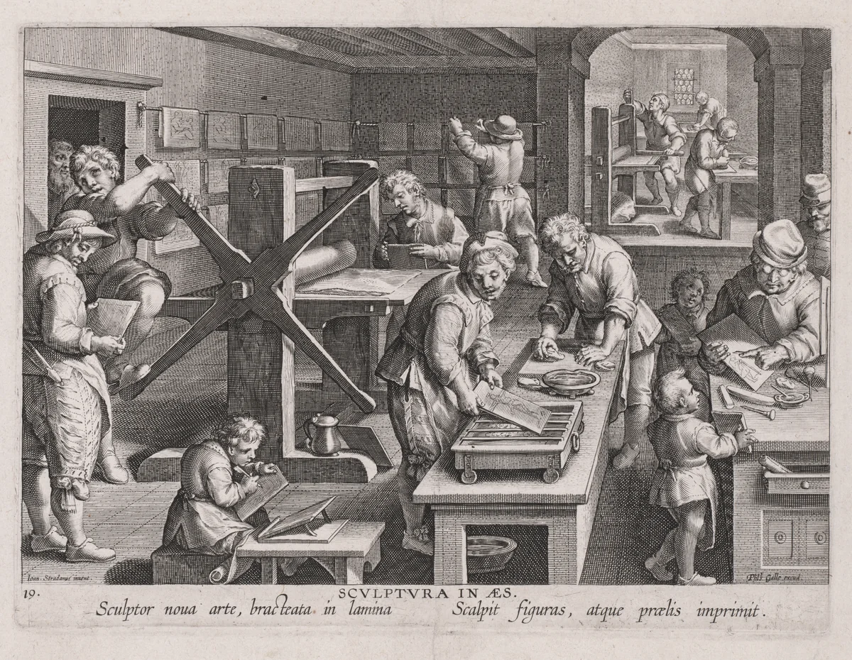 Sculptura in Aes, The Workshop of an Engraver by Jan van der Straet, print, 1586-1596