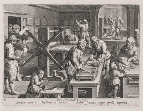 Sculptura in Aes, The Workshop of an Engraver by Jan van der Straet, print, 1586-1596