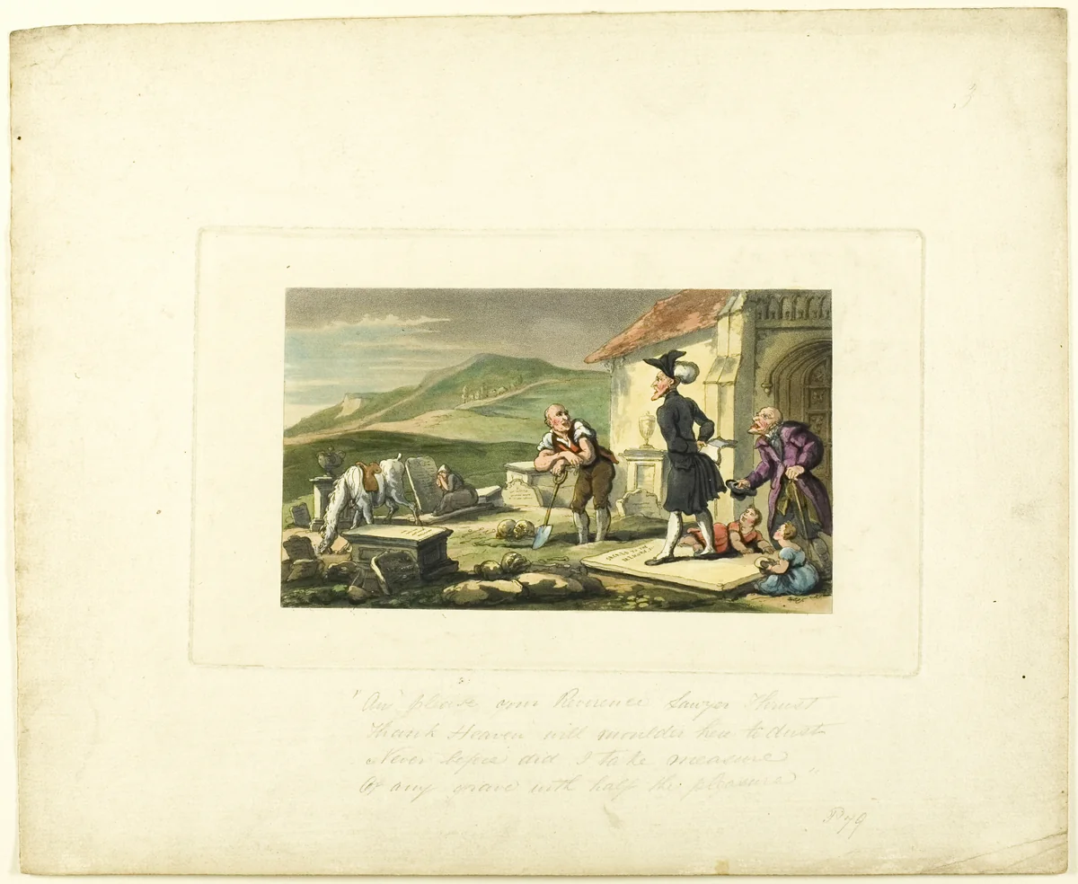 Doctor Syntax Meditating on the Tomb Stones, from The Tour of Doctor Syntax by Thomas Rowlandson, print, 1808-1813