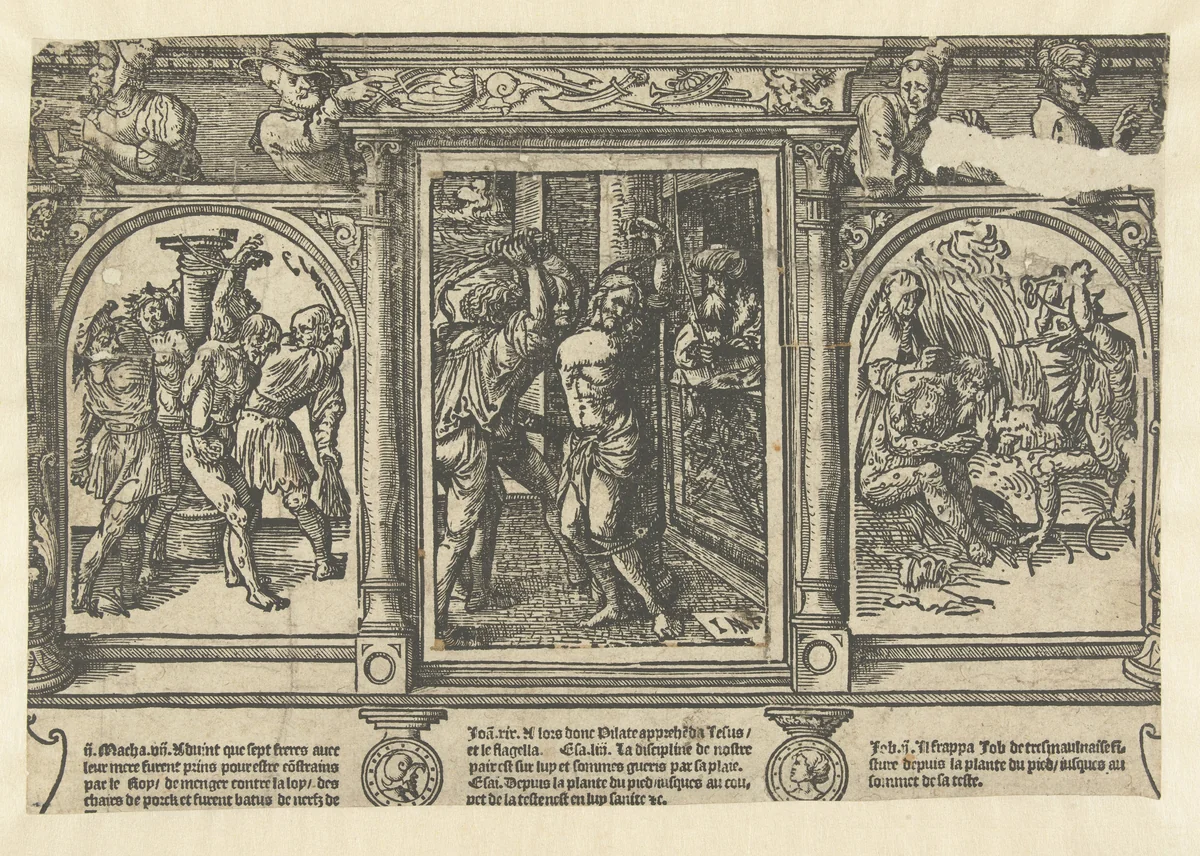 Geseling van Christus, geseling van de zeven broers en Job door zijn vrouw en Satan mishandeld by Unknown, print, 1521
