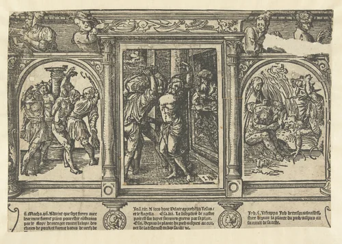 Geseling van Christus, geseling van de zeven broers en Job door zijn vrouw en Satan mishandeld by Unknown, print, 1521