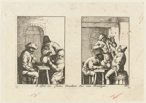 Twee herbergscènes: man kijkt in lege kruik, twee mannen kijken toe en twee rokers en drinker in herberg by anonymous, print, 1651-1745