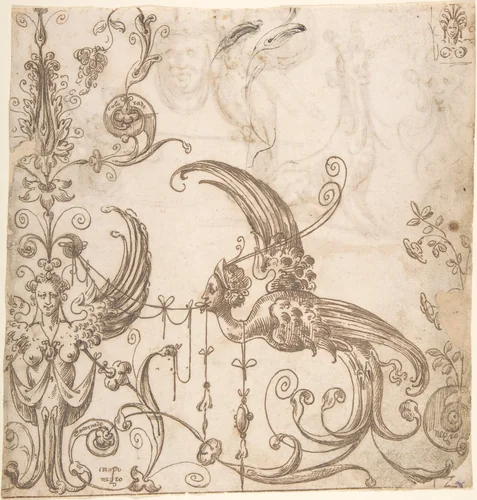 Female grotesque and harpy (recto); fantastical creatures and masks (verso) by Andrés de Melgar, drawing, 1540-1550