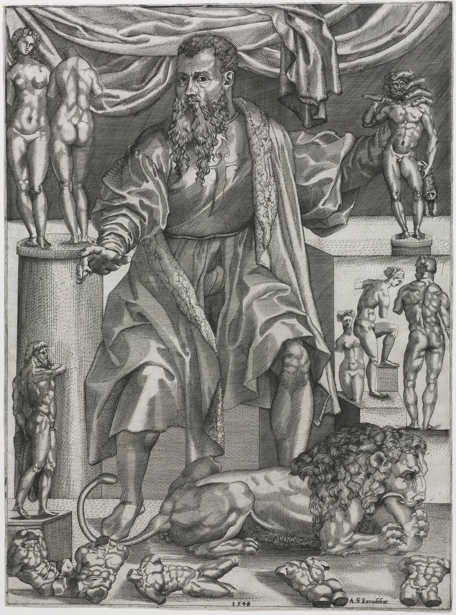 Portrait of Baccio Bandinelli with Lion by Nicolo della Casa, print, 1548