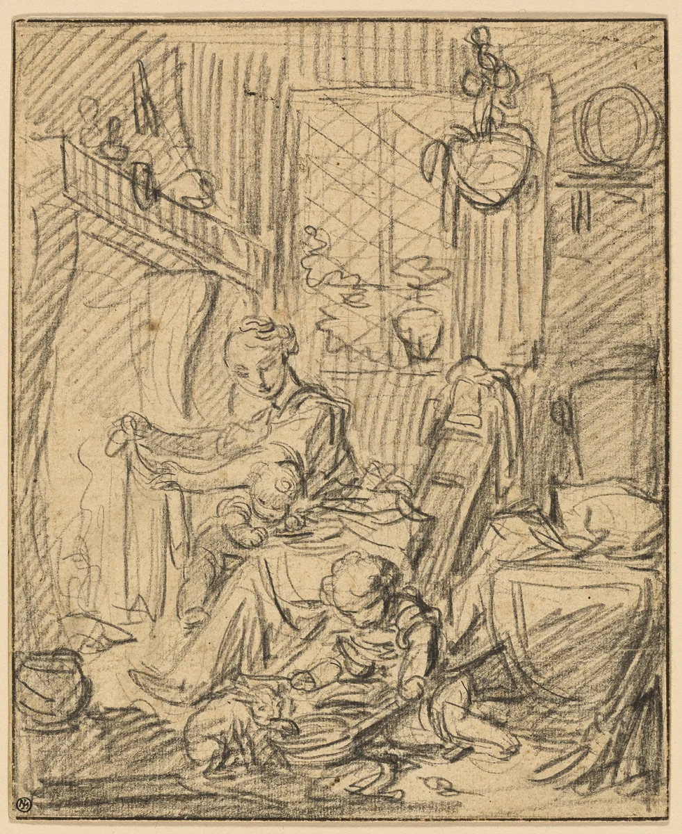 Domestic Scene: Mother with Two Small Children before a Mantelpiece by François Boucher, drawing, 1723-1770