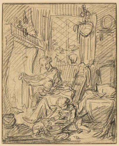 Domestic Scene: Mother with Two Small Children before a Mantelpiece by François Boucher, drawing, 1723-1770