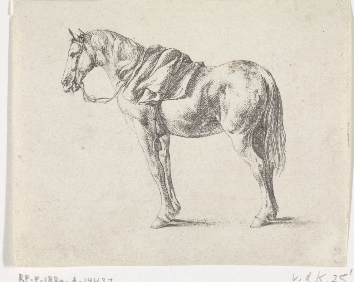 Gezadeld paard naar links by Dirk Maas, print, 1708-1717