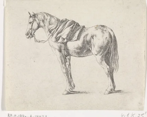 Gezadeld paard naar links by Dirk Maas, print, 1708-1717