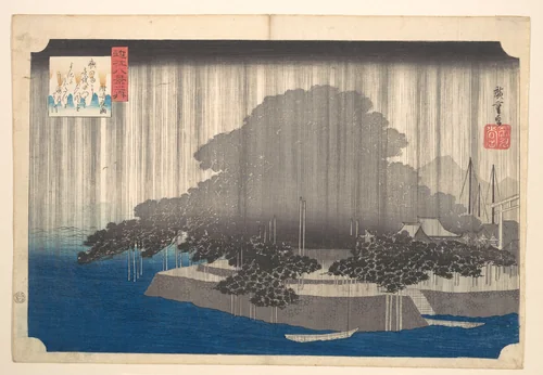 Evening Rain at Karasaki-Pine Tree by Utagawa Hiroshige (歌川広重), print, 1822-1842