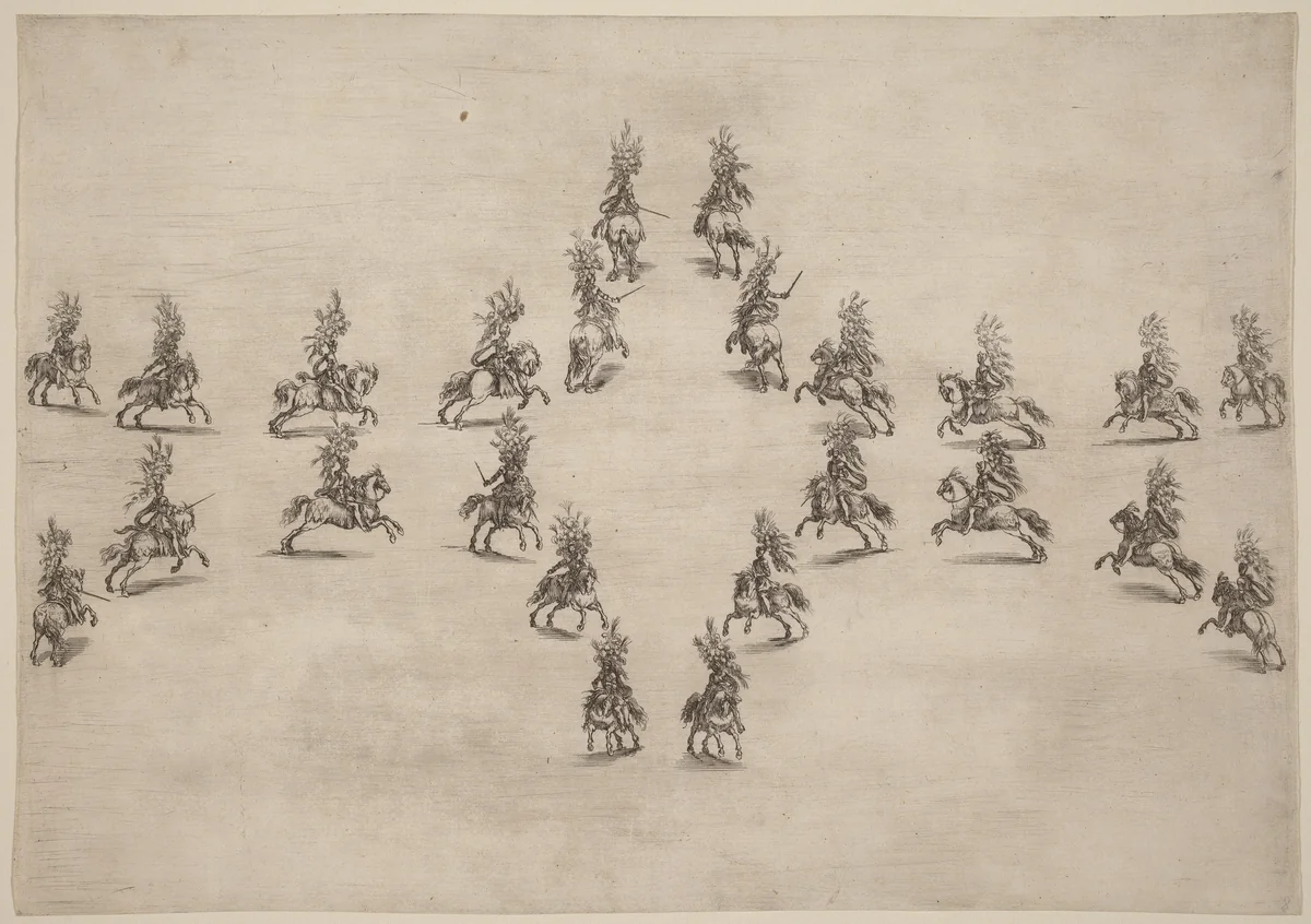 Twenty-Four Cavaliers in an Oval by Stefano della Bella, print, 1652