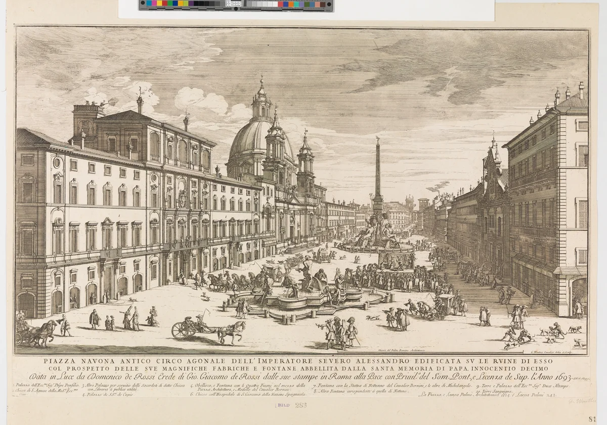 View of the Piazza Navona, Rome, with the church of St Agnese at left and Bernini's fountain in the middle by Gomar Wouters, print, 1693