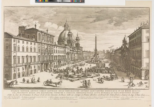 View of the Piazza Navona, Rome, with the church of St Agnese at left and Bernini's fountain in the middle by Gomar Wouters, print, 1693
