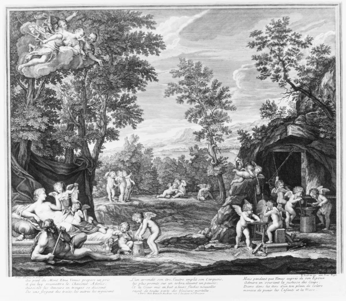 Leaf from Aedes Walpolianae mounted with two prints: (a): The Loves of Venus and Adonis; (b): The Loves of Venus and Adonis by Benoit Audran, print, 1730-1741