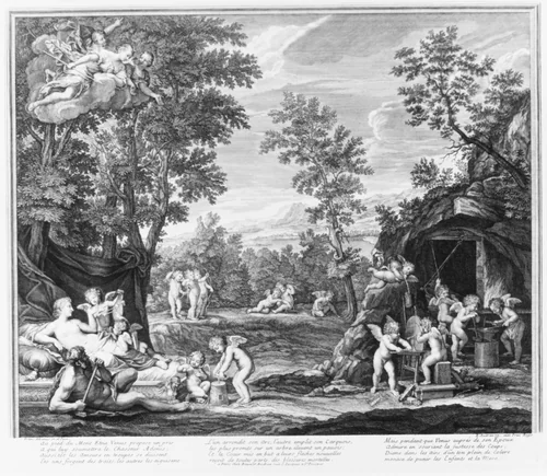 Leaf from Aedes Walpolianae mounted with two prints: (a): The Loves of Venus and Adonis; (b): The Loves of Venus and Adonis by Benoit Audran, print, 1730-1741