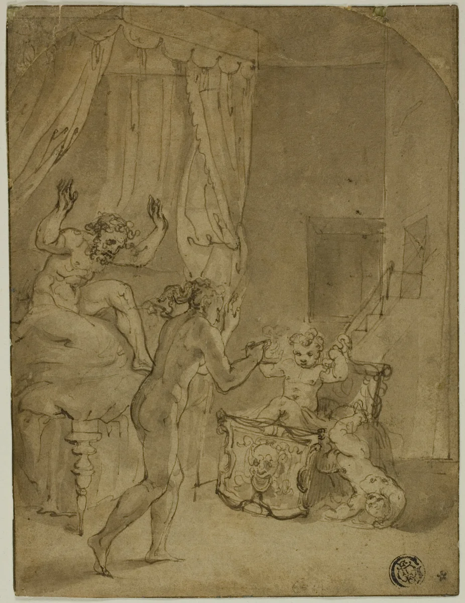 The Infant Hercules Strangling Serpents in His Cradle (recto); Crowned Woman Kneeling in Landscape, and Other Sketches (verso) by Prospero Fontana, drawing, 1532-1597