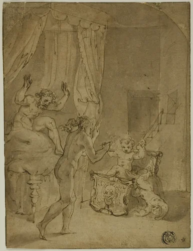The Infant Hercules Strangling Serpents in His Cradle (recto); Crowned Woman Kneeling in Landscape, and Other Sketches (verso) by Prospero Fontana, drawing, 1532-1597