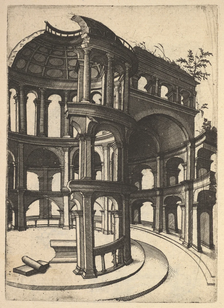 Ruin of a round Temple [Templum Idor Egito], from the series 'Ruinarum variarum fabricarum delineationes pictoribus caeterisque id genus artificibus multum utiles' by Lambert Suavius, book, 1554