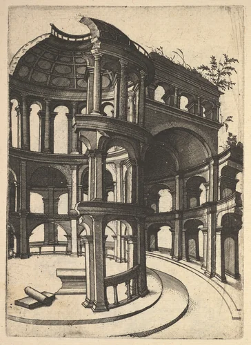Ruin of a round Temple [Templum Idor Egito], from the series 'Ruinarum variarum fabricarum delineationes pictoribus caeterisque id genus artificibus multum utiles' by Lambert Suavius, book, 1554