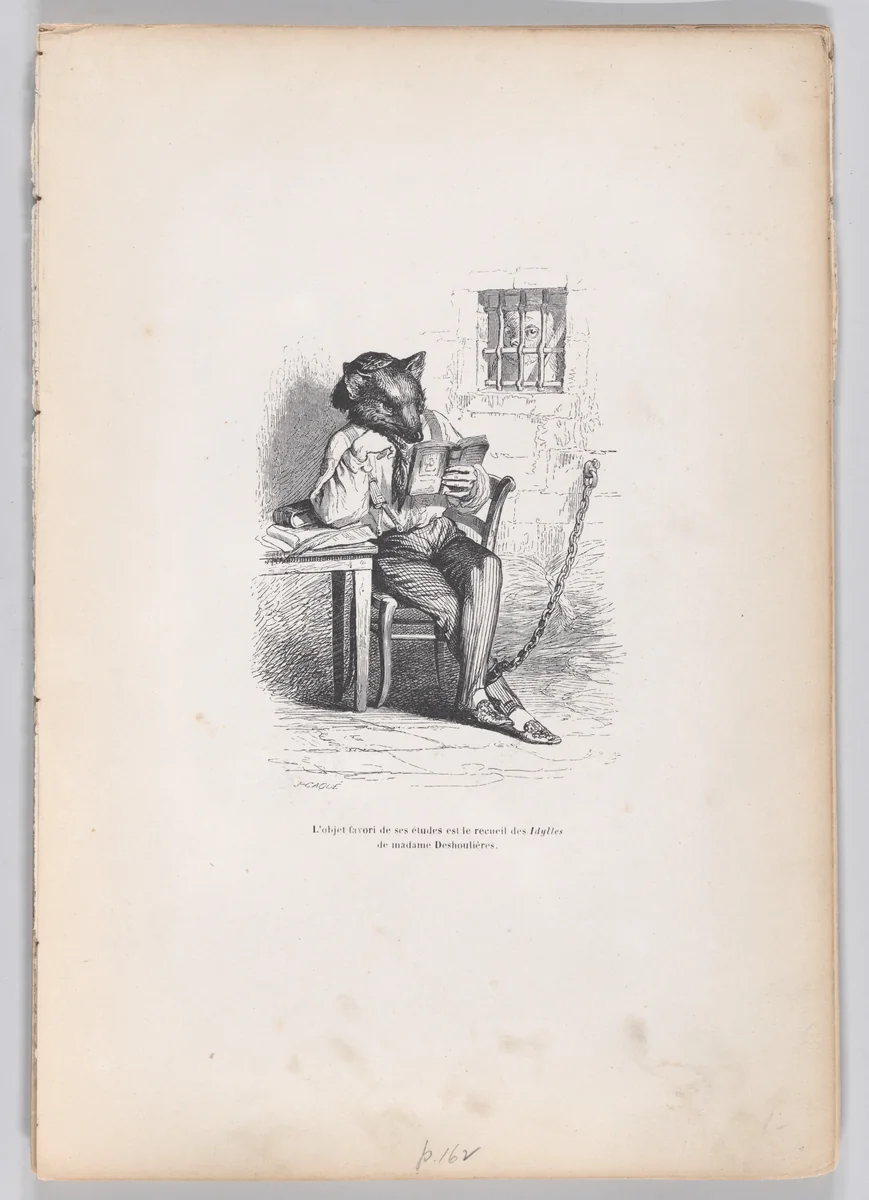 The favorite object of his studies is the collection of Idylles by Madame Deshoulières, from "Scenes from the Private and Public Life of Animals" by J. J. Grandville, print, 1832-1852