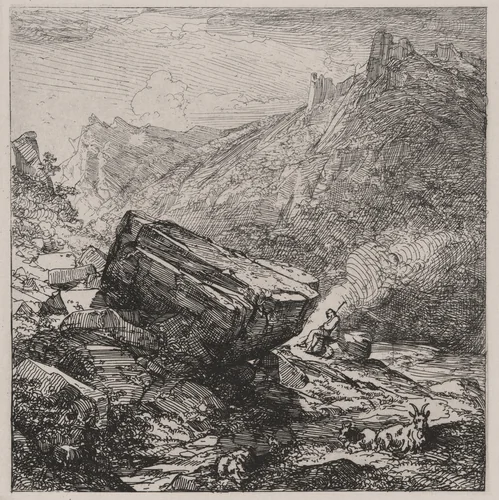 Boulder with a Shepherd and Goats by Caspar Johann Nepomuk Scheuren, print, 1842