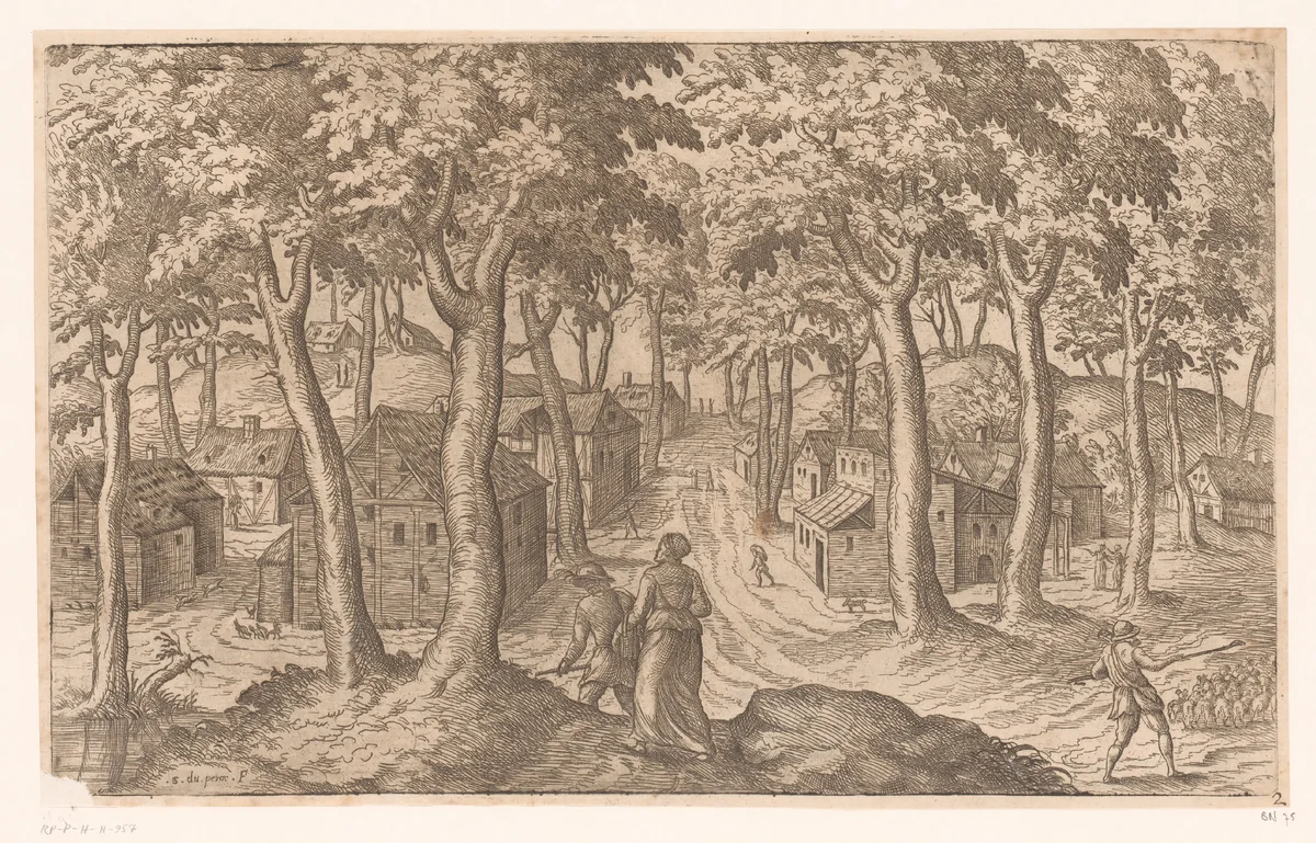 Landschap met dorp in een bos by Unknown, print, 1535-1604