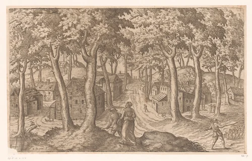 Landschap met dorp in een bos by Unknown, print, 1535-1604