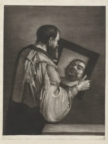 Socrates bekijkt zichzelf in een spiegel by Bernard Vaillant, print, 1672