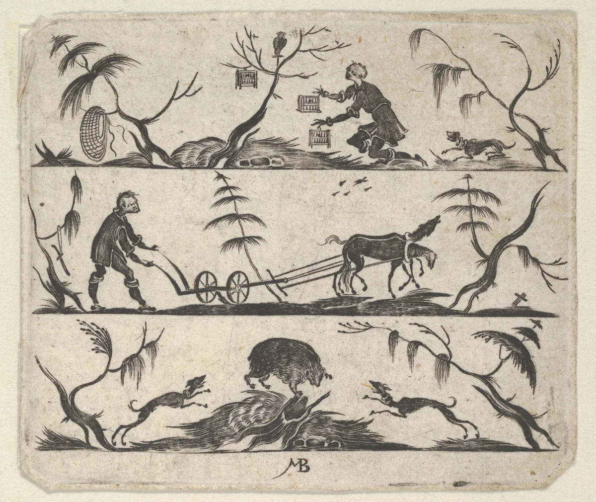 Blackwork Design for Goldsmithwork with a Bee-Keeper, a Farmer and a Boar by Mathais Beitler, print, 1612