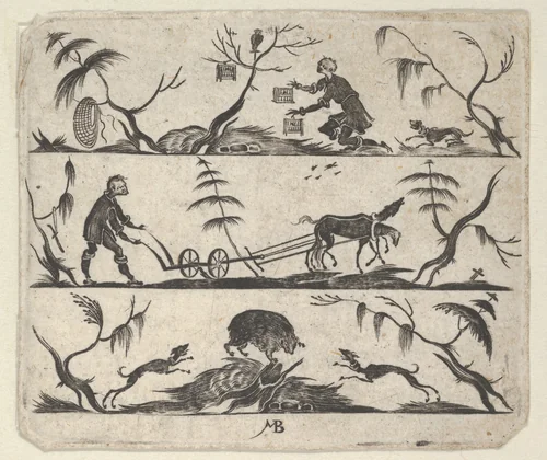 Blackwork Design for Goldsmithwork with a Bee-Keeper, a Farmer and a Boar by Mathais Beitler, print, 1612