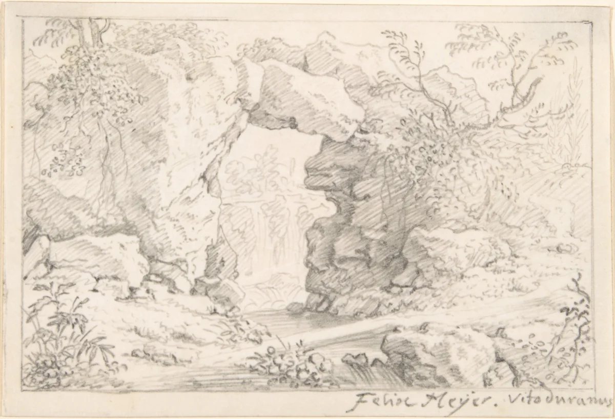Landscape with a Natural Arch and a Waterfall by Felix Meyer, drawing, 1653-1713