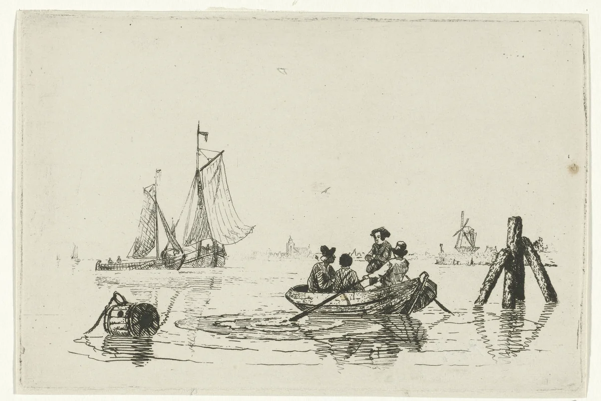 Vier mannen in sloep by Willem Gruyter jr., print, 1844