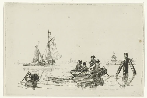 Vier mannen in sloep by Willem Gruyter jr., print, 1844