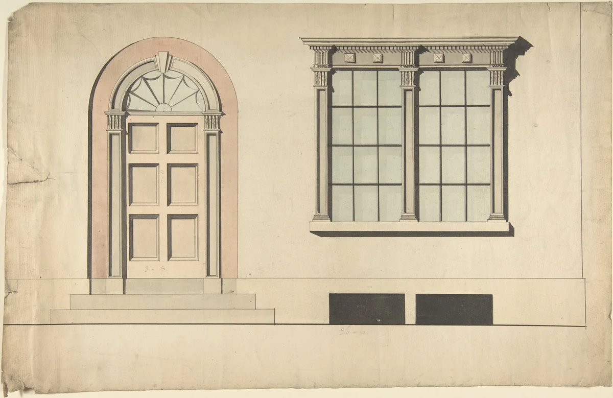 Design for an Exterior Doorway and Window by anonymous, drawing, 1800-1850