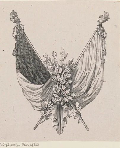 Vignet met twee vaandels by Isaac Weissenbruch, print, 1836-1912