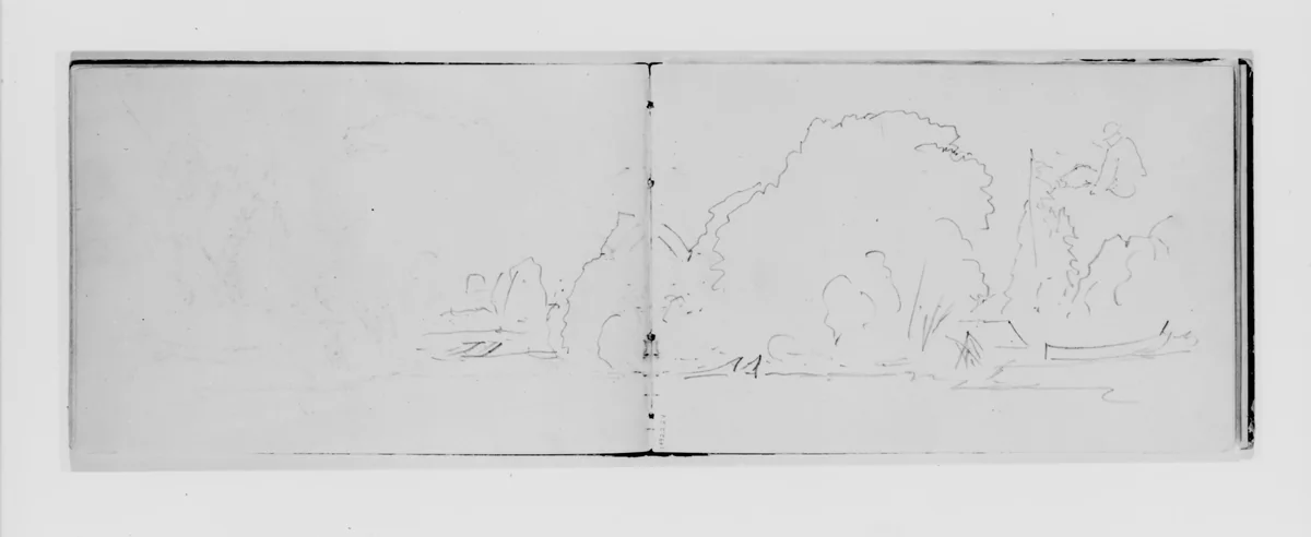Outline of Trees, Figure, and Canoe (from Sketchbook X) by William Trost Richards, artwork, 1885