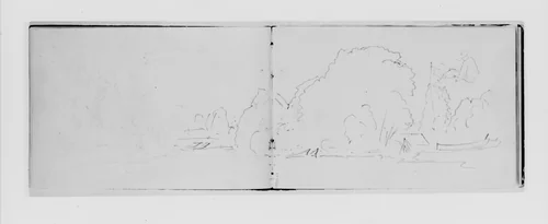 Outline of Trees, Figure, and Canoe (from Sketchbook X) by William Trost Richards, artwork, 1885