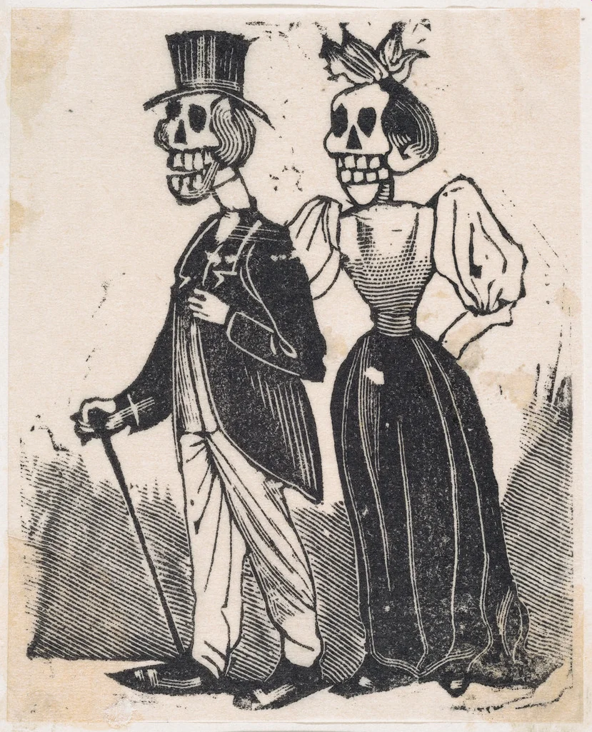 Two elegantly dressed skeletons walking, from a broadside entitled, 'El Gran Panteon Amoroso,' published by Antonio Vanegas Arroyo. by José Guadalupe Posada, print, 1889-1899