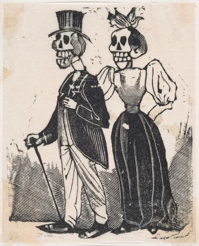 Two elegantly dressed skeletons walking, from a broadside entitled, 'El Gran Panteon Amoroso,' published by Antonio Vanegas Arroyo. by José Guadalupe Posada, print, 1889-1899