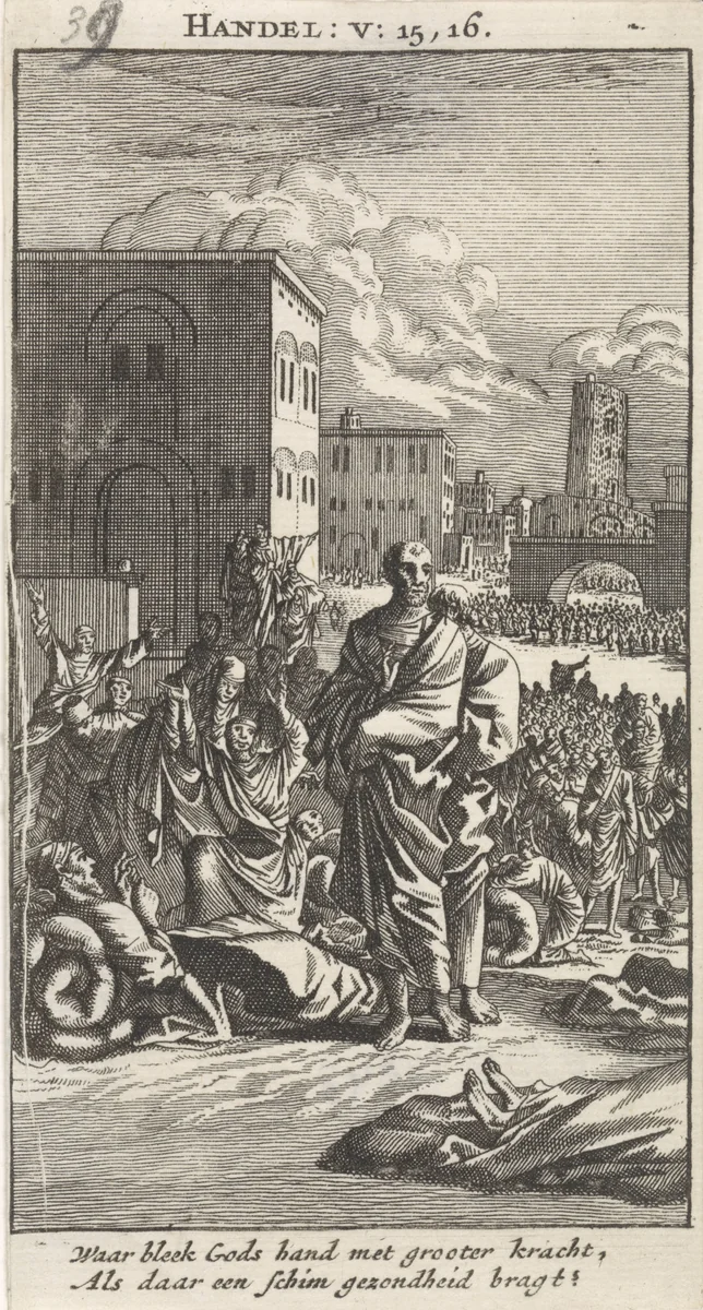 Petrus en Johannes tussen de zieken by anonymous, print, 1712