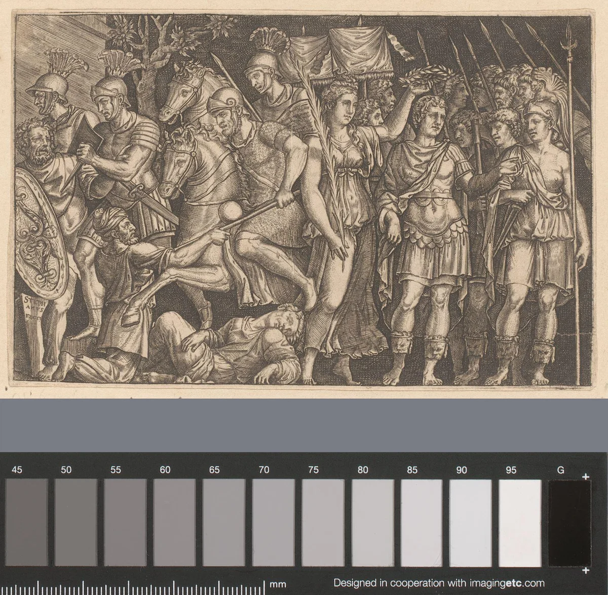 Trajanus tussen de stad Rome en Victoria by Unknown, print, 1528-1583