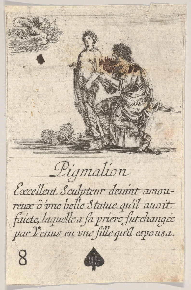 Pygmalion, from "Game of Mythology" (Jeu de la Mythologie) by Stefano della Bella, print, 1644