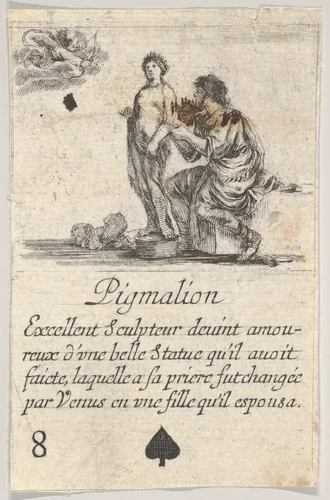 Pygmalion, from "Game of Mythology" (Jeu de la Mythologie) by Stefano della Bella, print, 1644