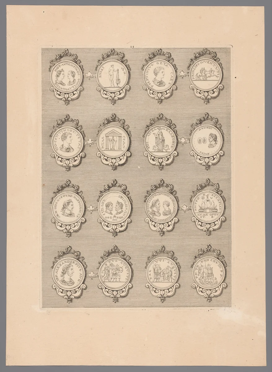 Zestien penningen met versierde lijsten by Simon de la Boissière, print, 1647-1682