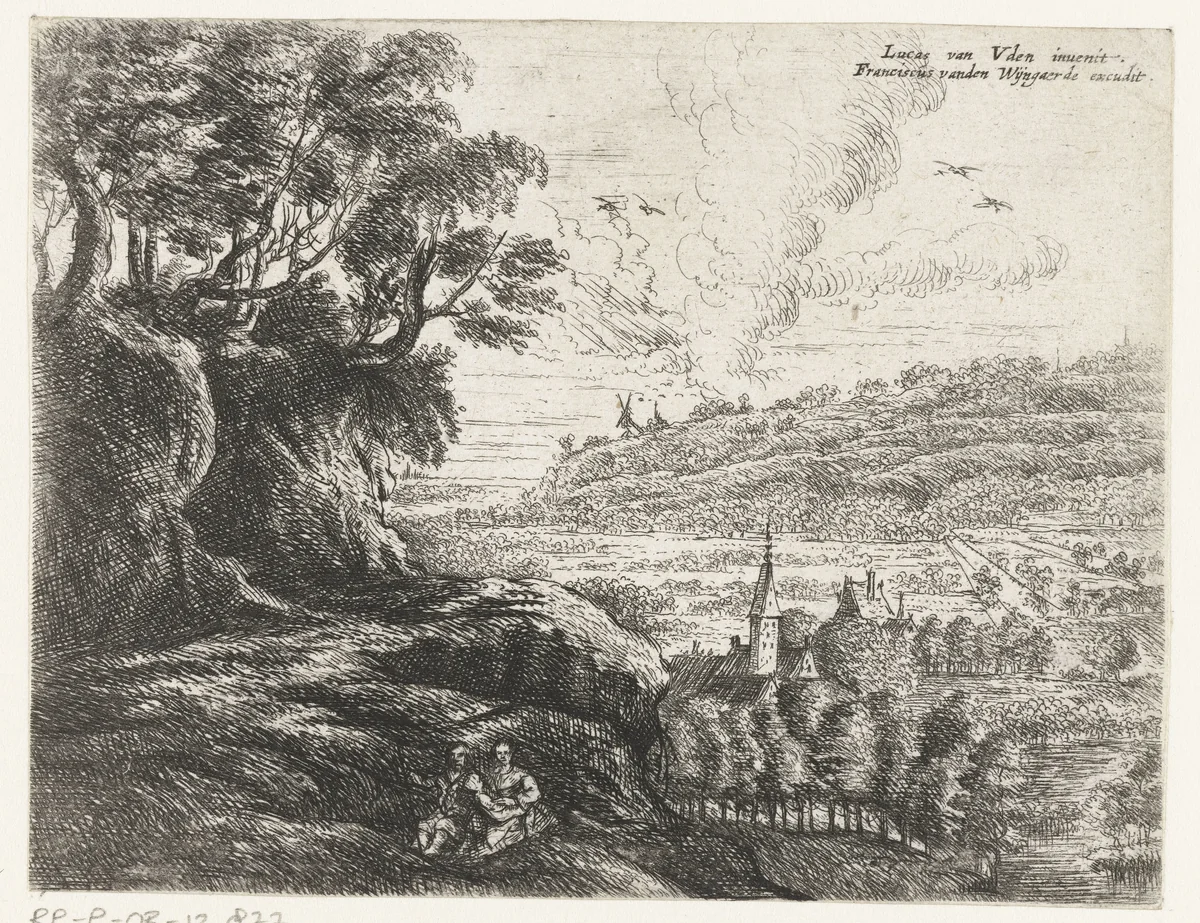 Landschap met een man, vrouw en kind by Philips Augustijn Immenraet, print, 1637-1679