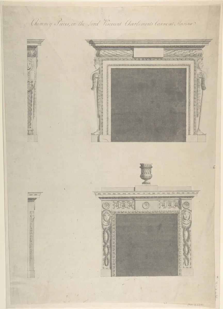 Designs for Two Chimney-pieces in Lord Viscount Charlemont's Casino at Marino, Dublin by Sir William Chambers, drawing, 1753-1764