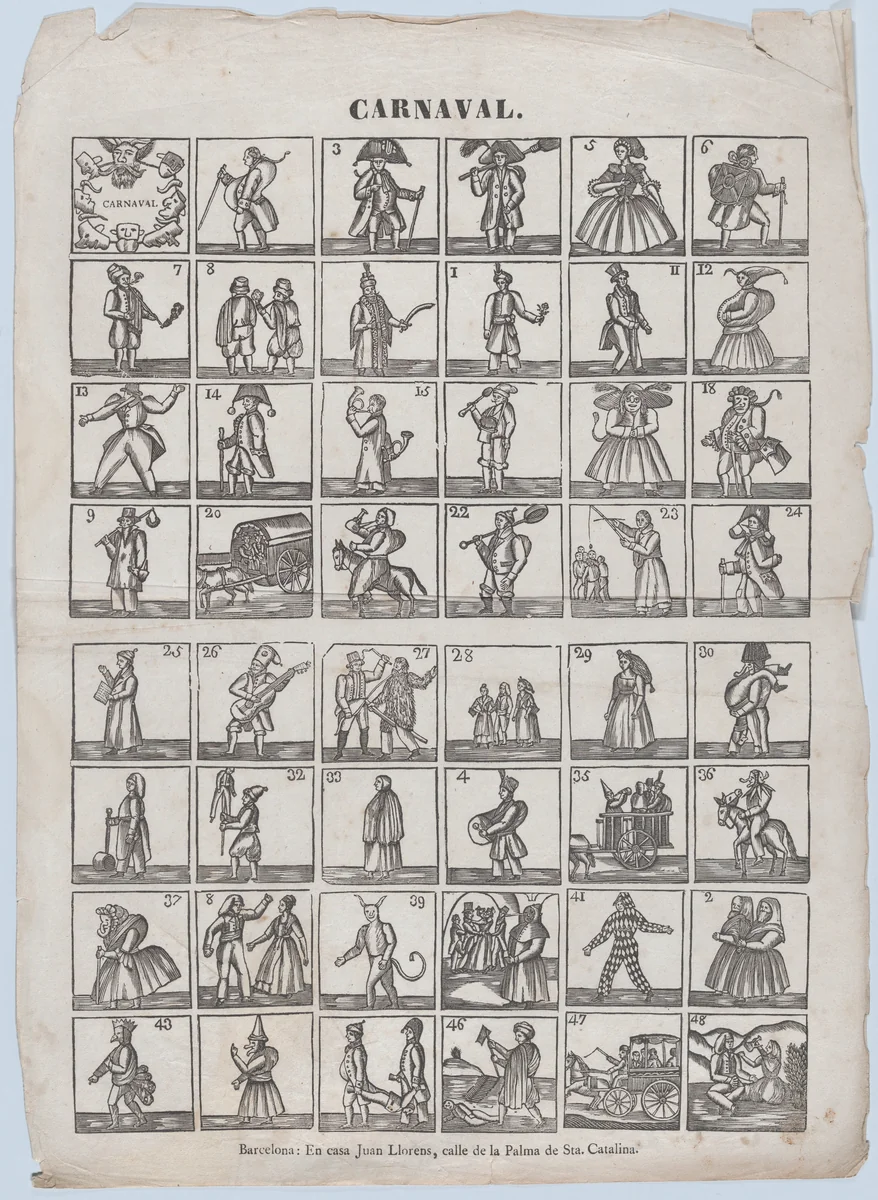 Broadside with 48 figures from carnival by Juan Llorens, print, 1855-1865