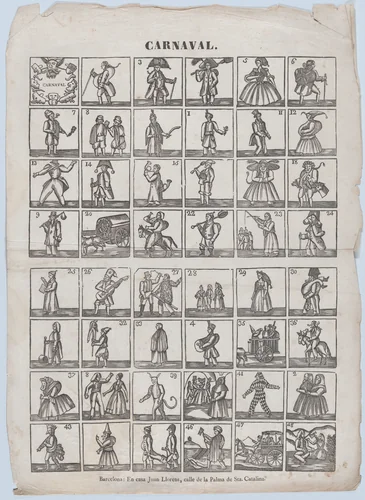 Broadside with 48 figures from carnival by Juan Llorens, print, 1855-1865