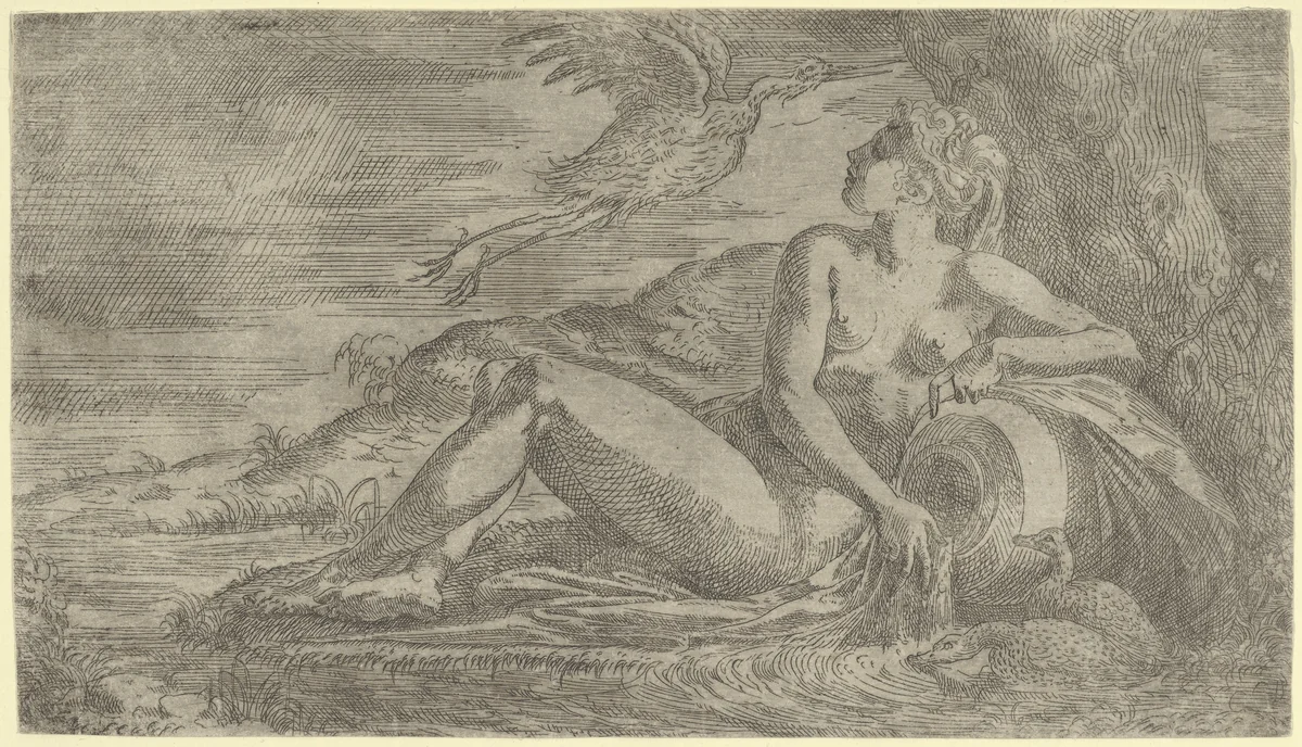 Nymph Watching a Heron Flying Away by Léon Davent, print, 1537-1550